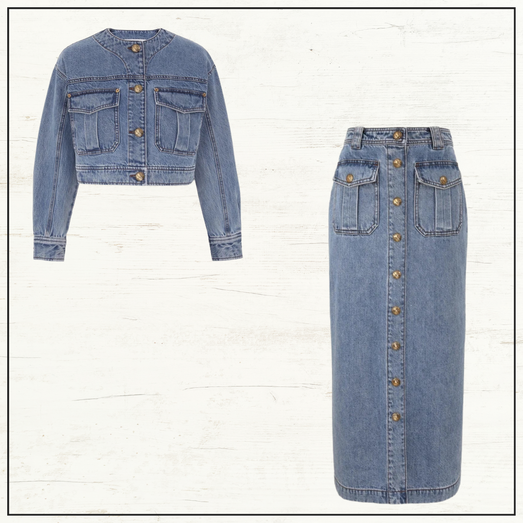 DENIM CROPPED JACKET & PENCIL MIDI SKIRT