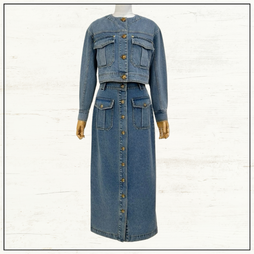 DENIM CROPPED JACKET & PENCIL MIDI SKIRT