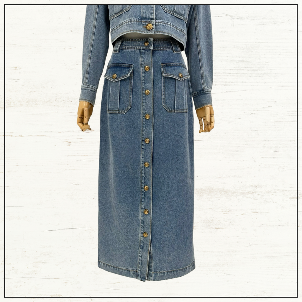 DENIM CROPPED JACKET & PENCIL MIDI SKIRT