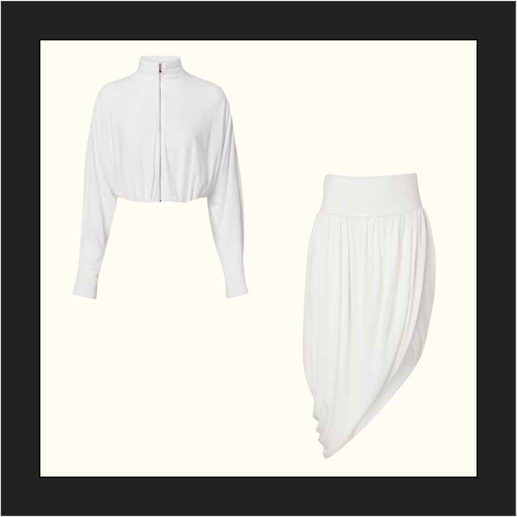 DRAPED JERSEY JACKET & TWISTED FLUID JERSEY SKIRT