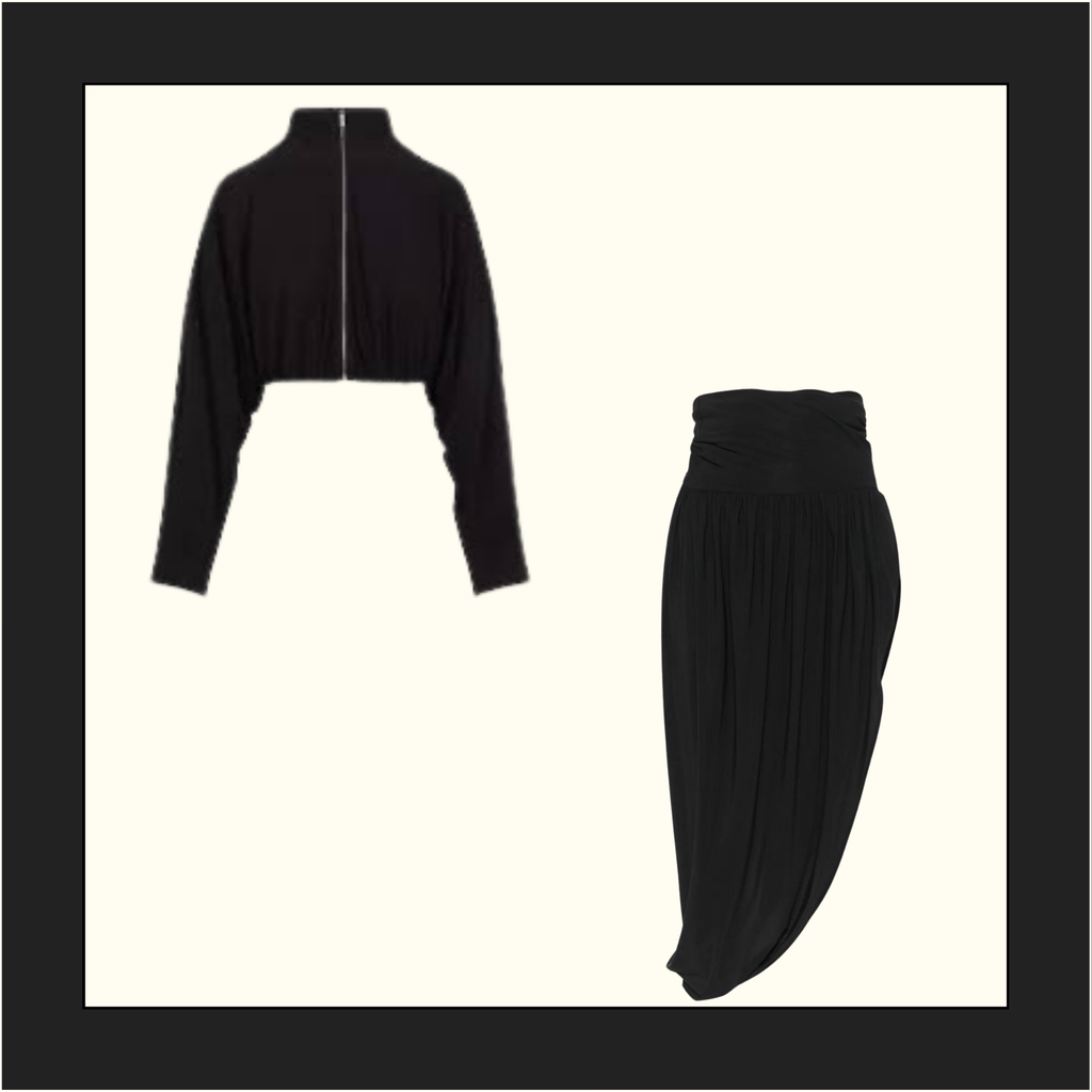 DRAPED JERSEY JACKET & TWISTED FLUID JERSEY SKIRT