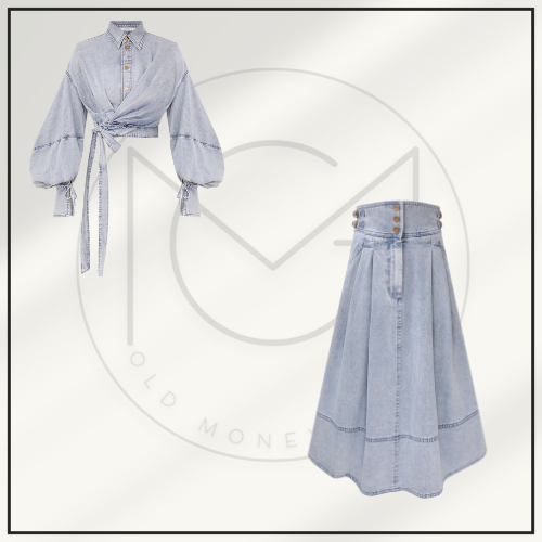REBELLION DENIM WRAP TOP & MIDI SKIRT