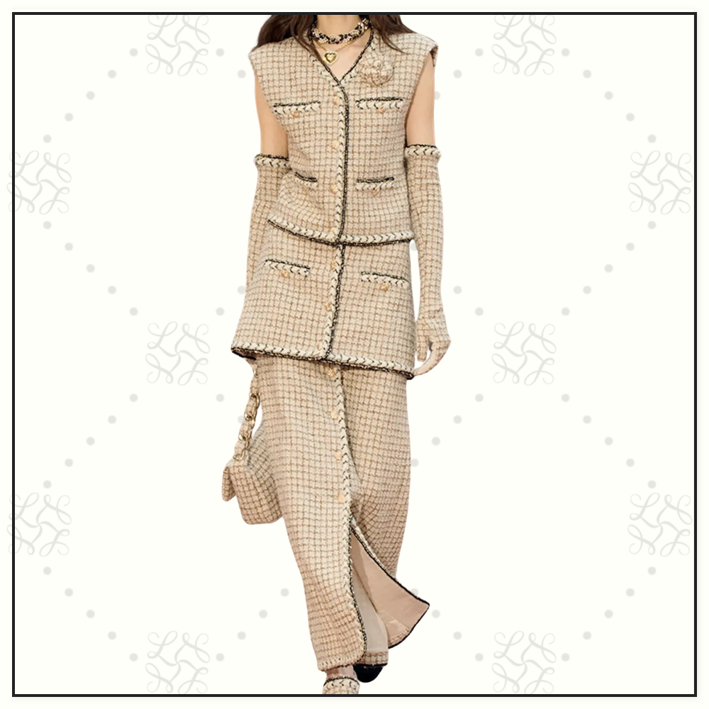WOOL & MOHAIR TWEED VEST & MINI SKIRT & PENCIL SKIRT