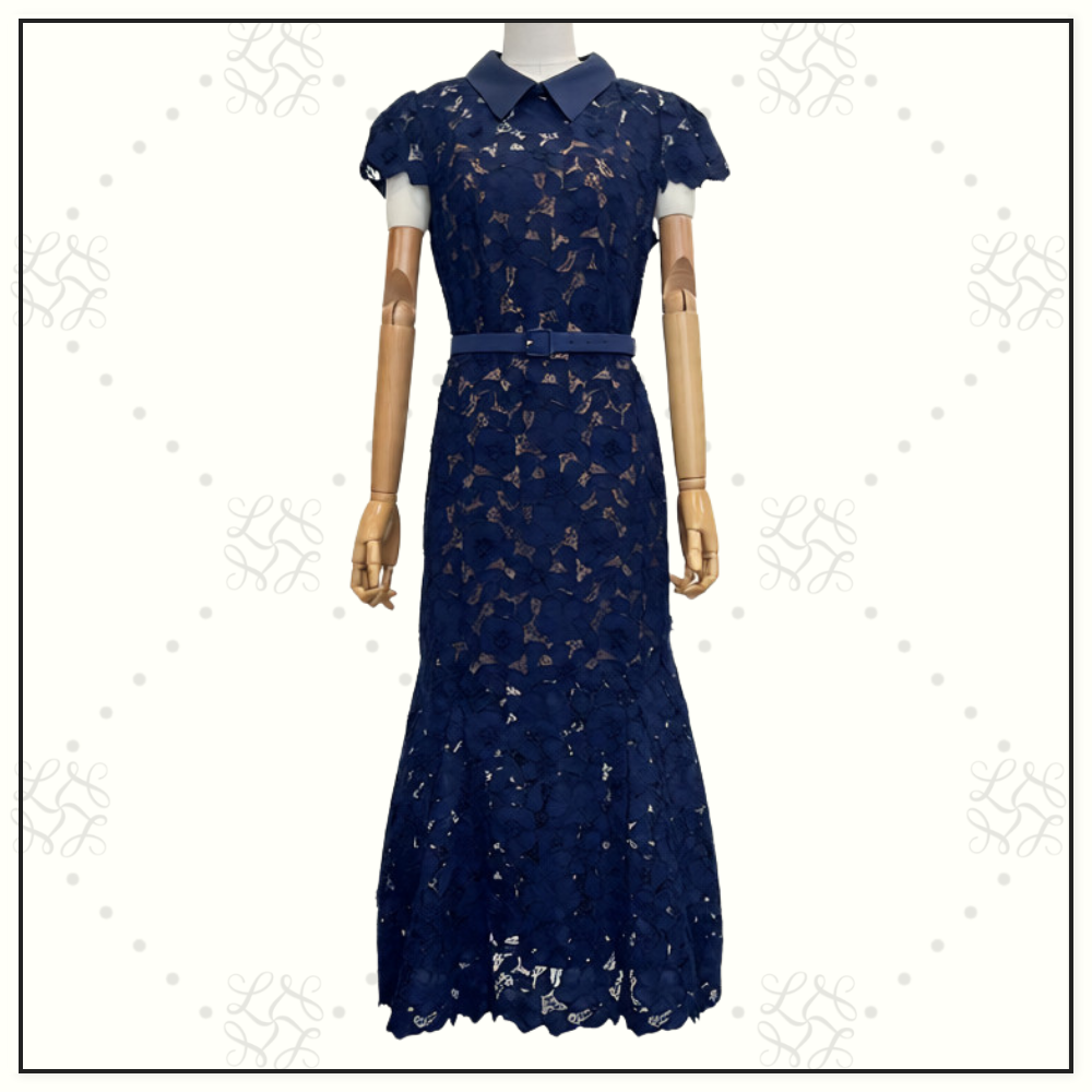 NAVY GUIPURE LACE MIDI DRESS