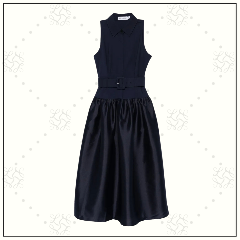 NAVY BELTED TWILL MIDI DRESS