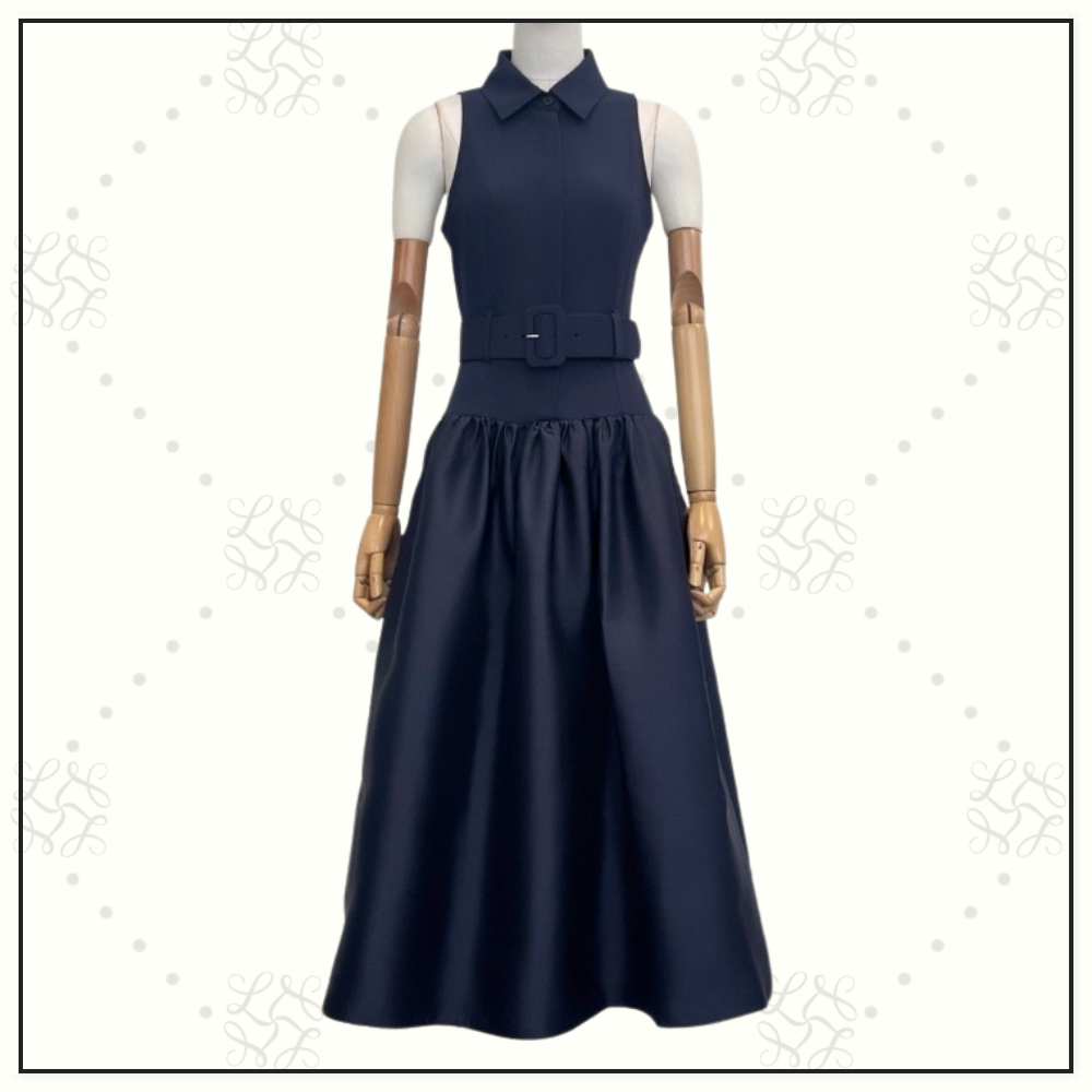 NAVY BELTED TWILL MIDI DRESS
