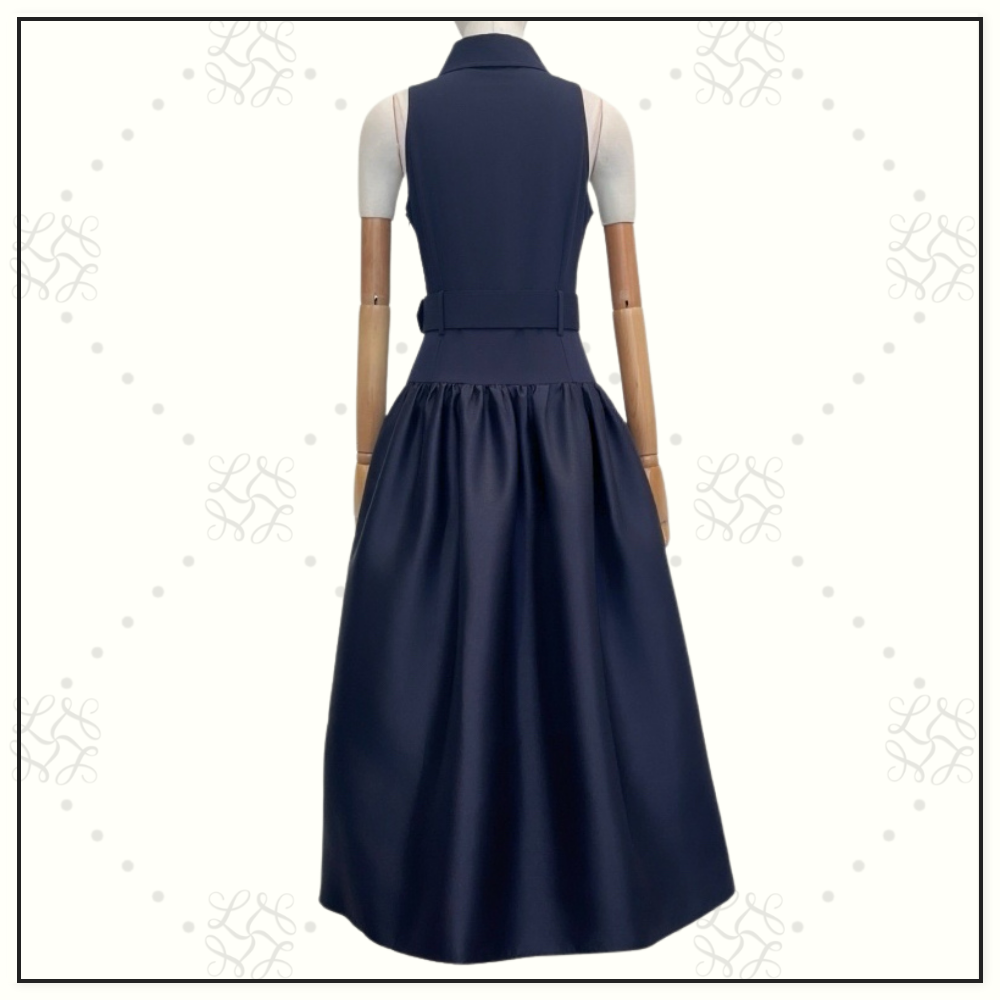 NAVY BELTED TWILL MIDI DRESS
