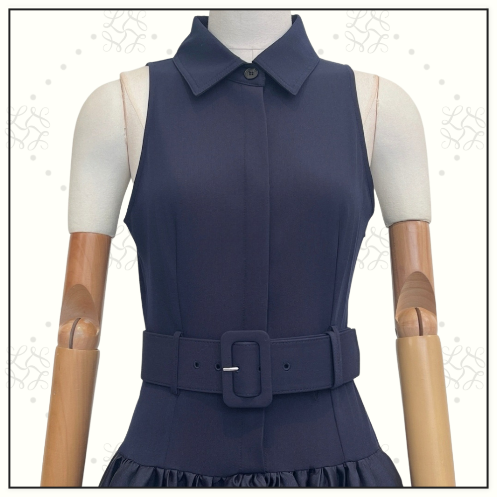 NAVY BELTED TWILL MIDI DRESS