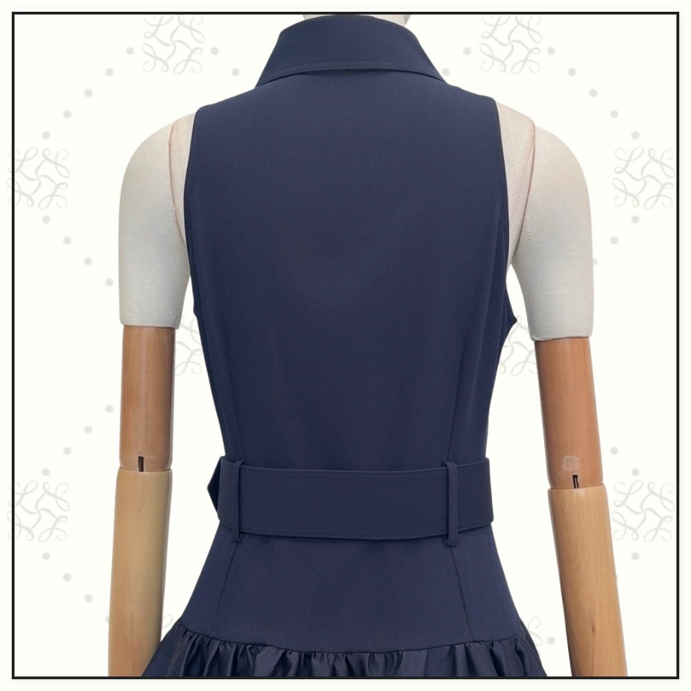 NAVY BELTED TWILL MIDI DRESS