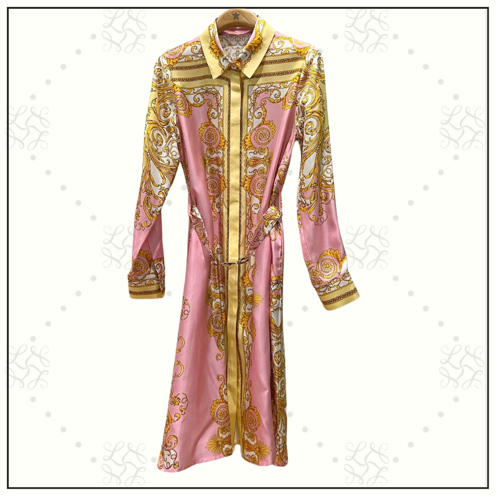 SILK BAROQUE PRINT BELTED DRESS