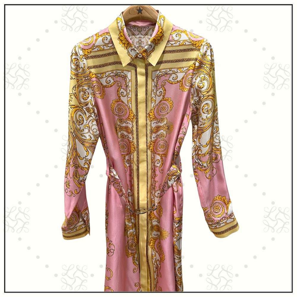 SILK BAROQUE PRINT BELTED DRESS
