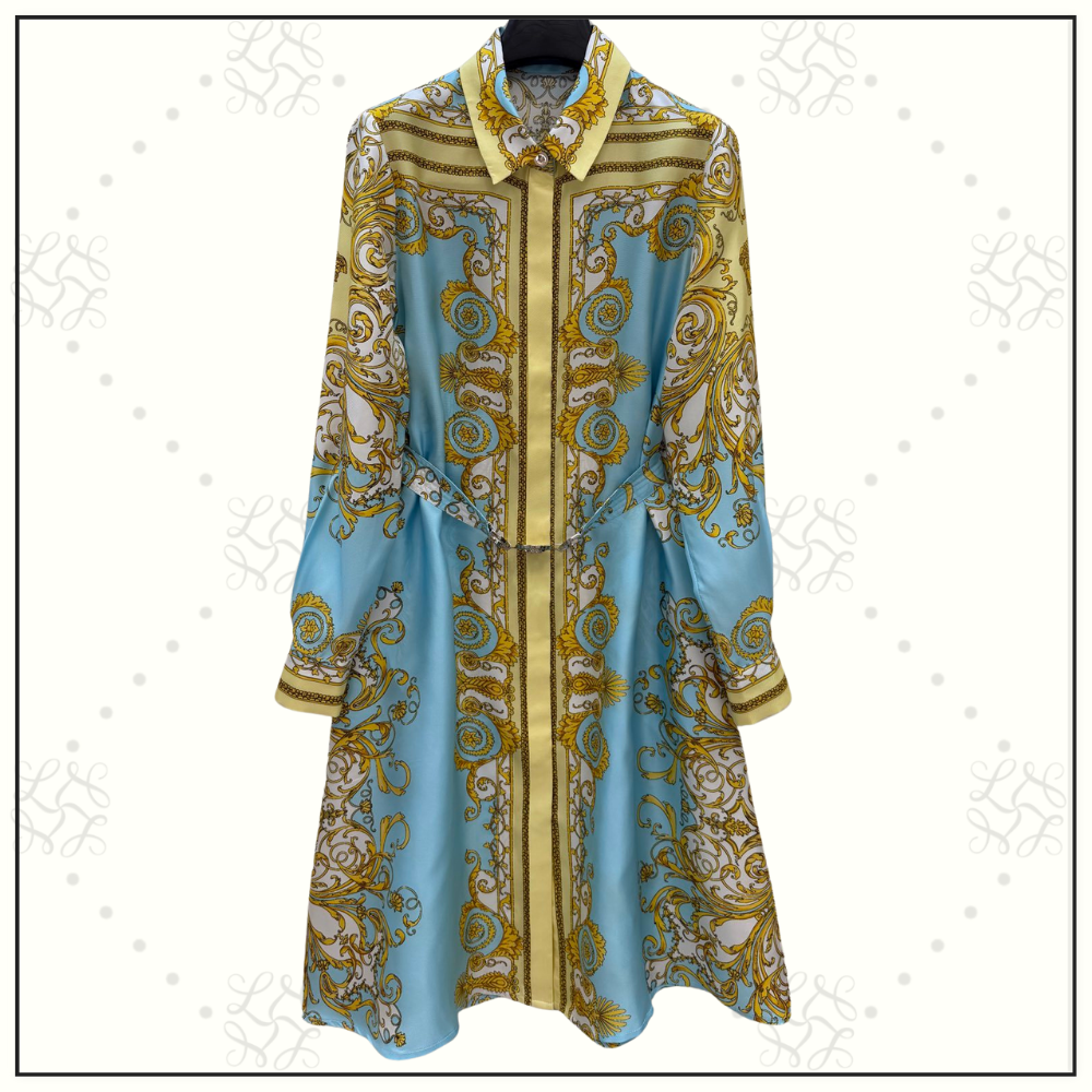 SILK BAROQUE PRINT BELTED DRESS