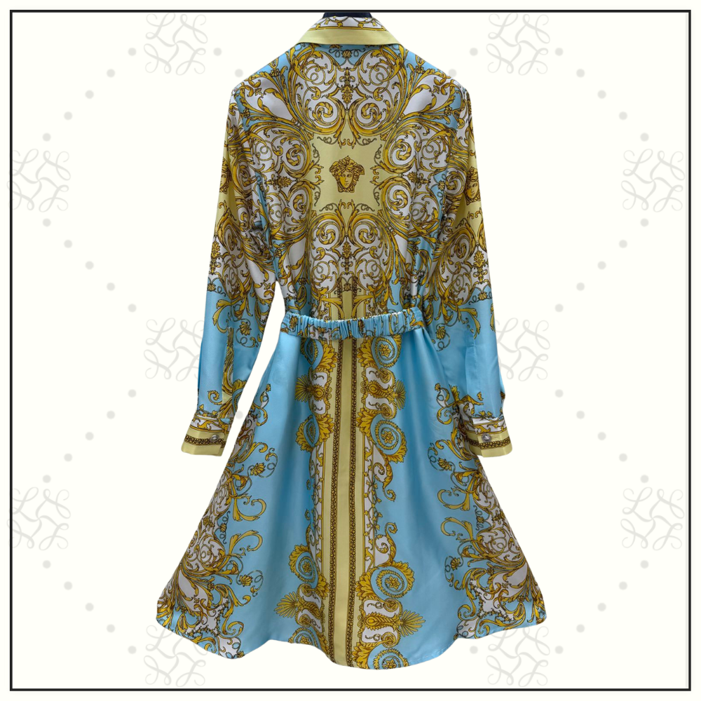 SILK BAROQUE PRINT BELTED DRESS