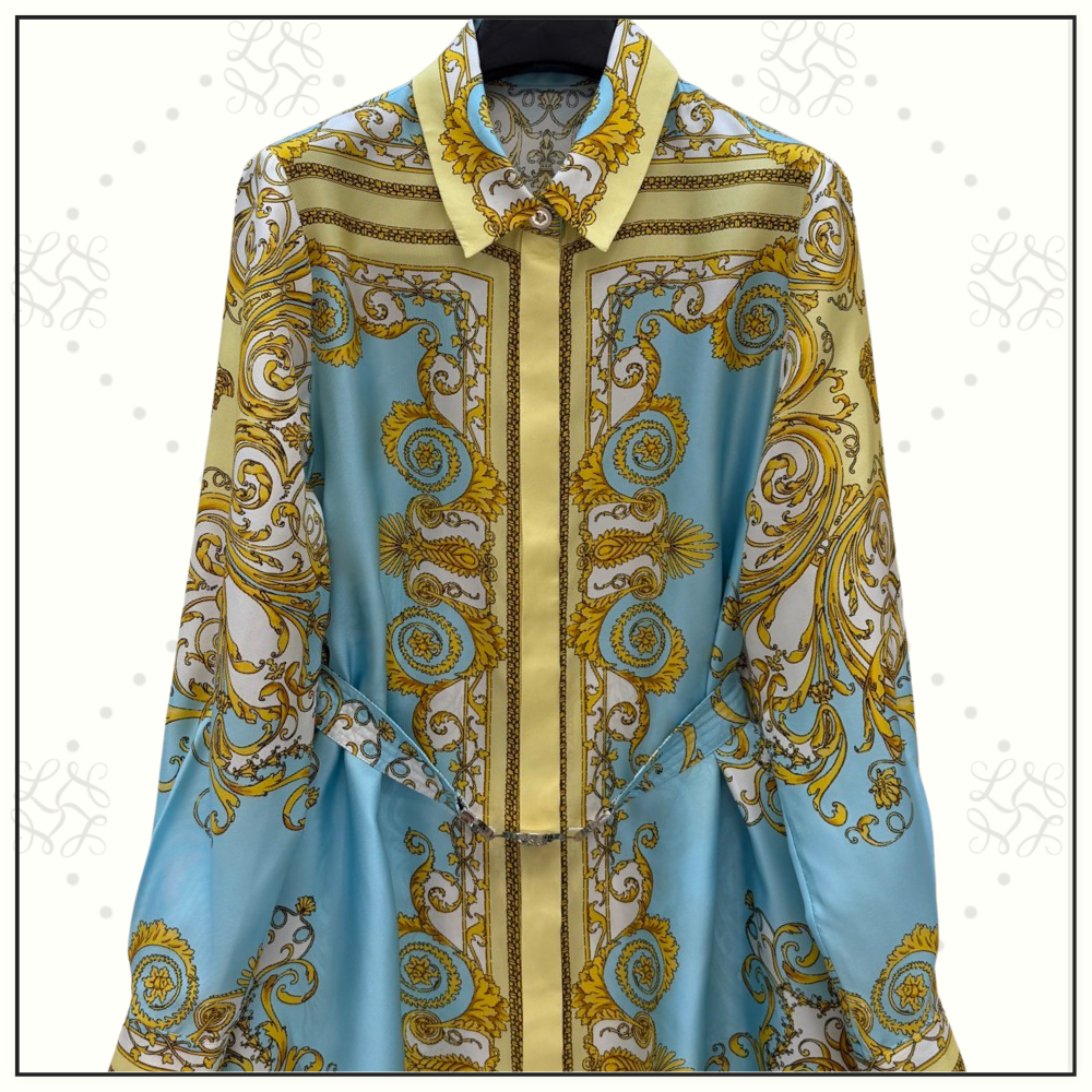 SILK BAROQUE PRINT BELTED DRESS