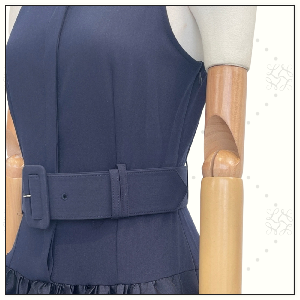 NAVY BELTED TWILL MIDI DRESS