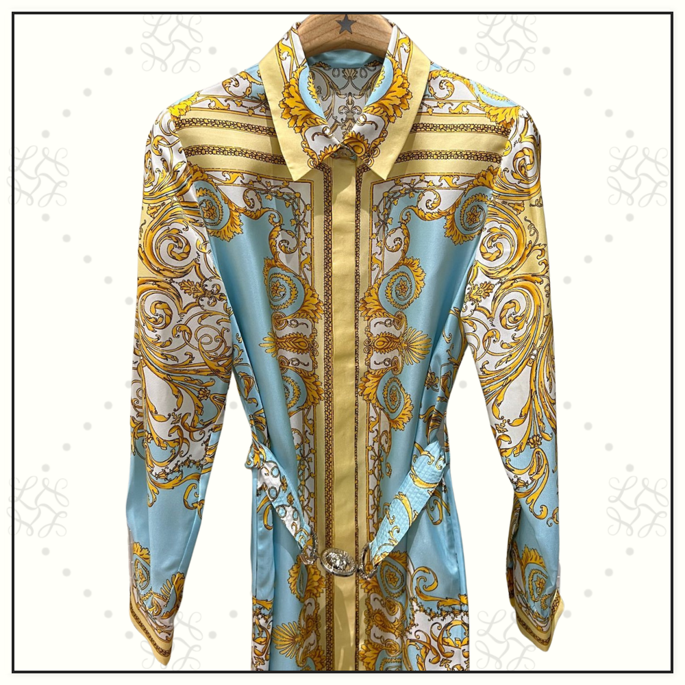 SILK BAROQUE PRINT BELTED DRESS