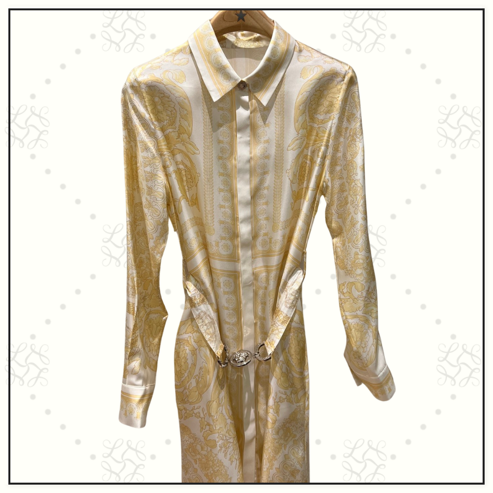 SILK BAROQUE PRINT BELTED MINI DRESS