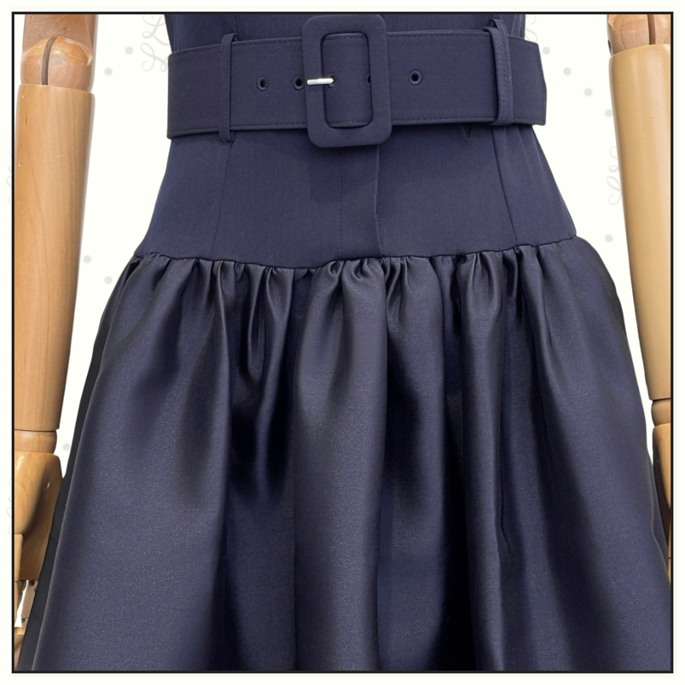 NAVY BELTED TWILL MIDI DRESS