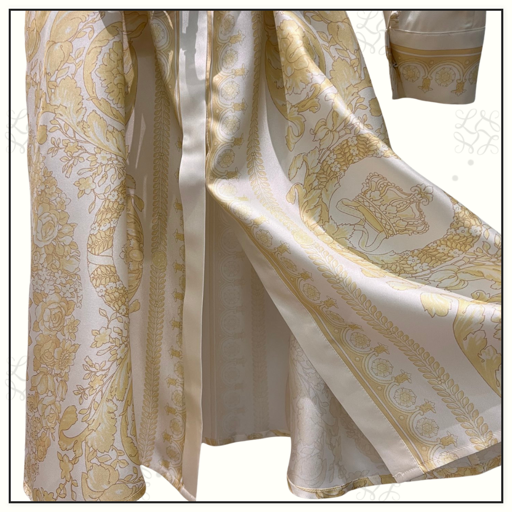 SILK BAROQUE PRINT BELTED MINI DRESS