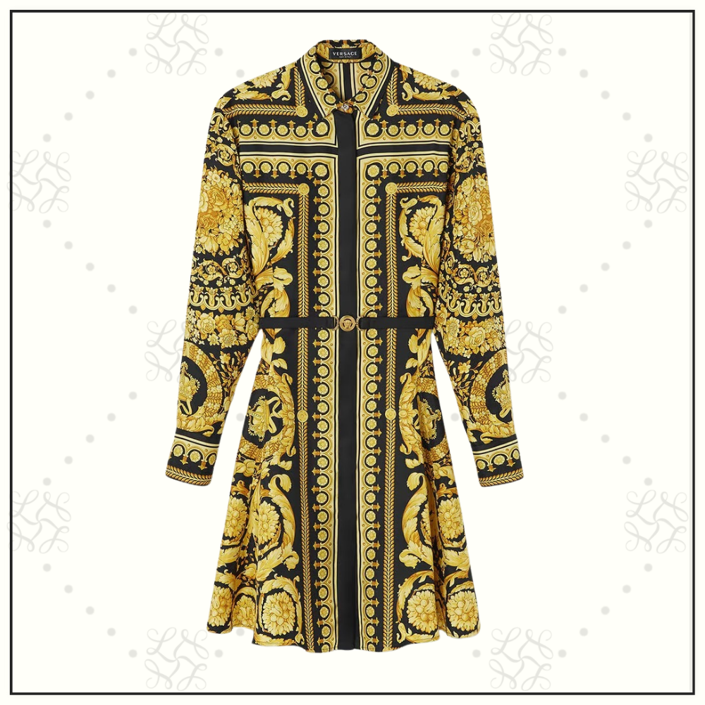SILK BAROQUE PRINT BELTED MINI DRESS