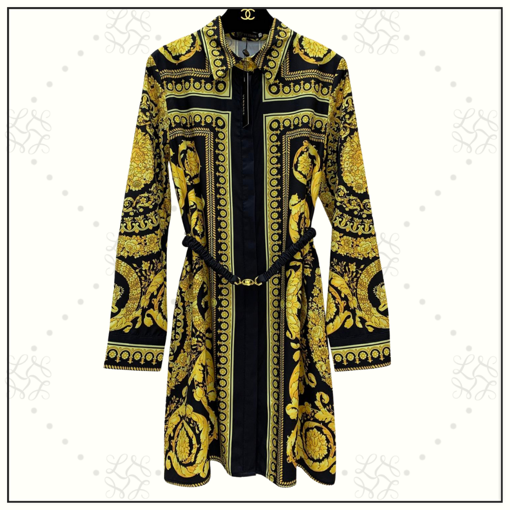 SILK BAROQUE PRINT BELTED MINI DRESS