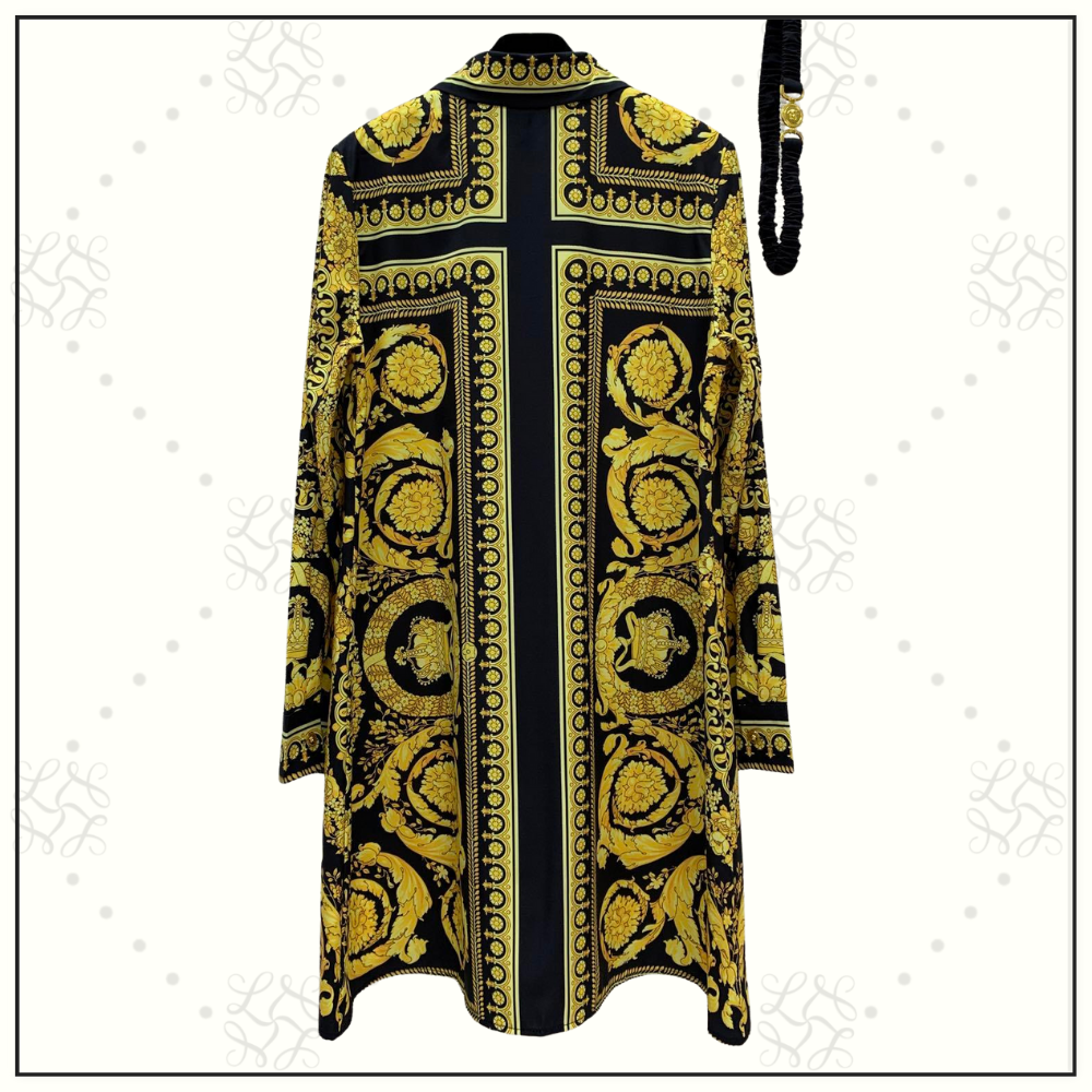 SILK BAROQUE PRINT BELTED MINI DRESS