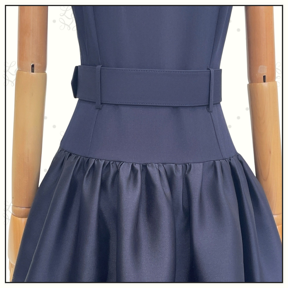 NAVY BELTED TWILL MIDI DRESS