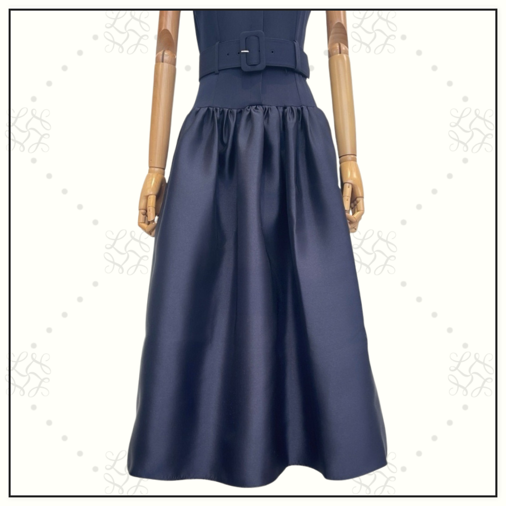 NAVY BELTED TWILL MIDI DRESS
