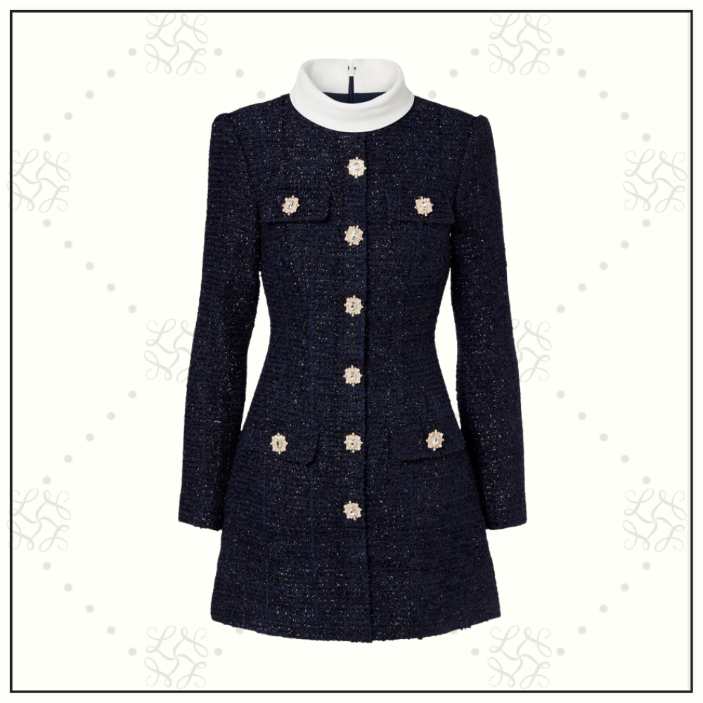 NAVY BOUCLE LONG SLEEVE MINI DRESS
