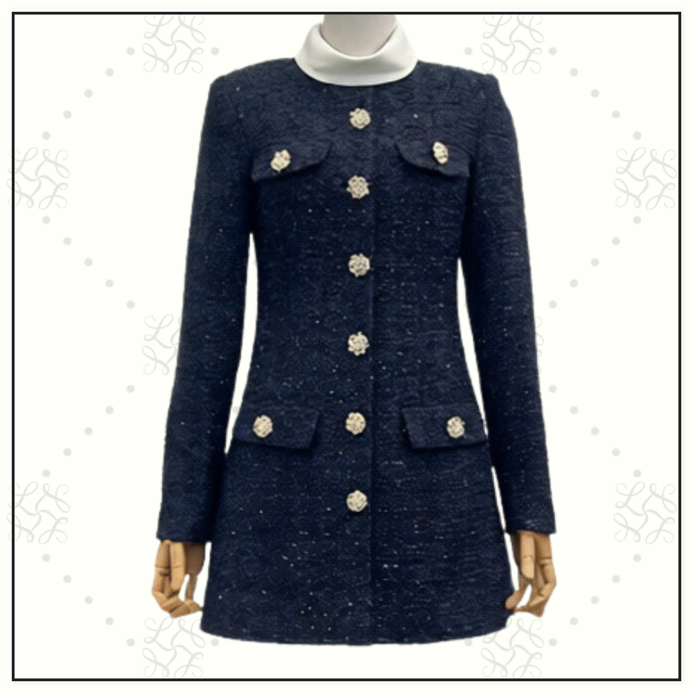 NAVY BOUCLE LONG SLEEVE MINI DRESS