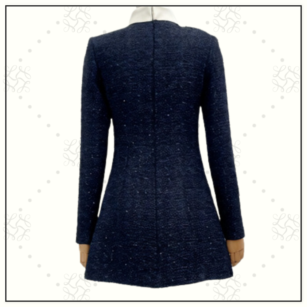 NAVY BOUCLE LONG SLEEVE MINI DRESS