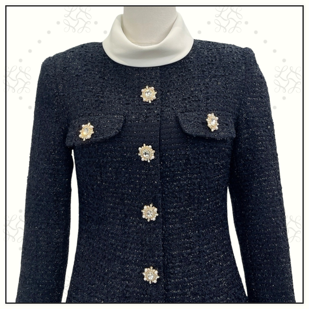 NAVY BOUCLE LONG SLEEVE MINI DRESS