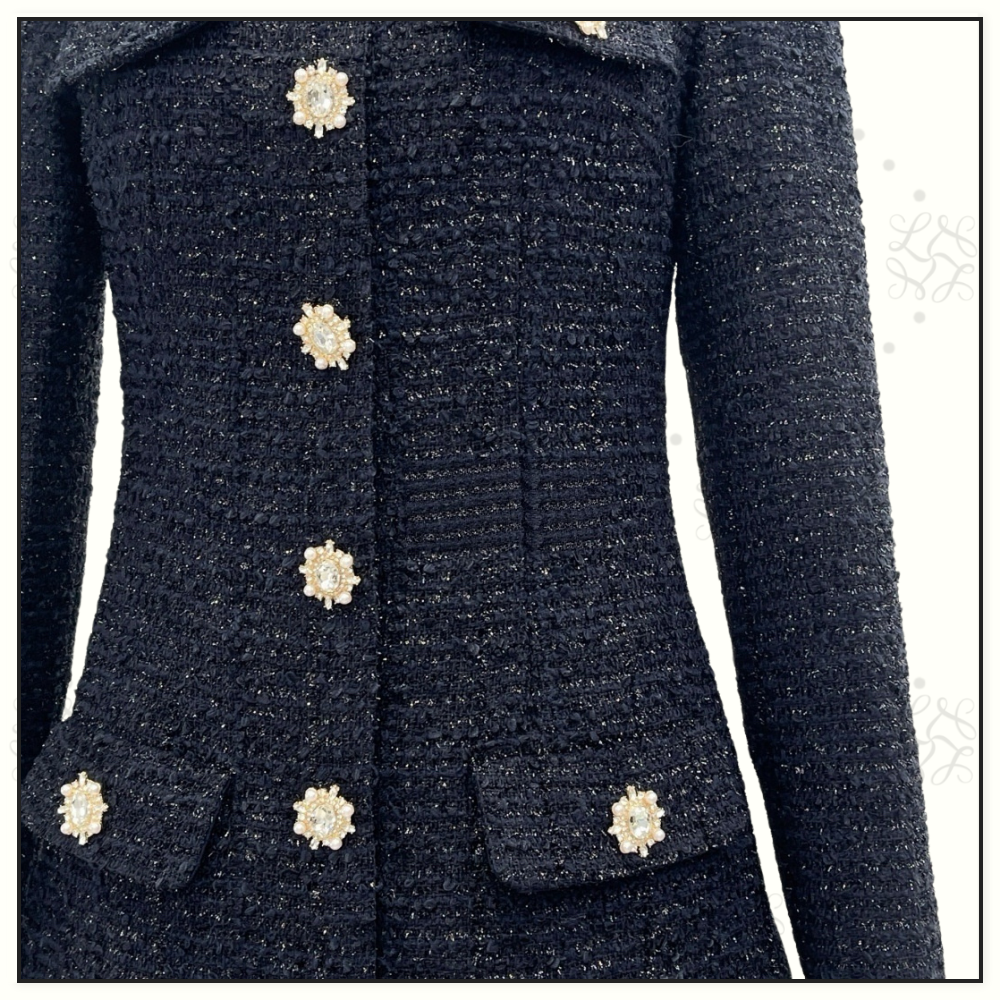 NAVY BOUCLE LONG SLEEVE MINI DRESS
