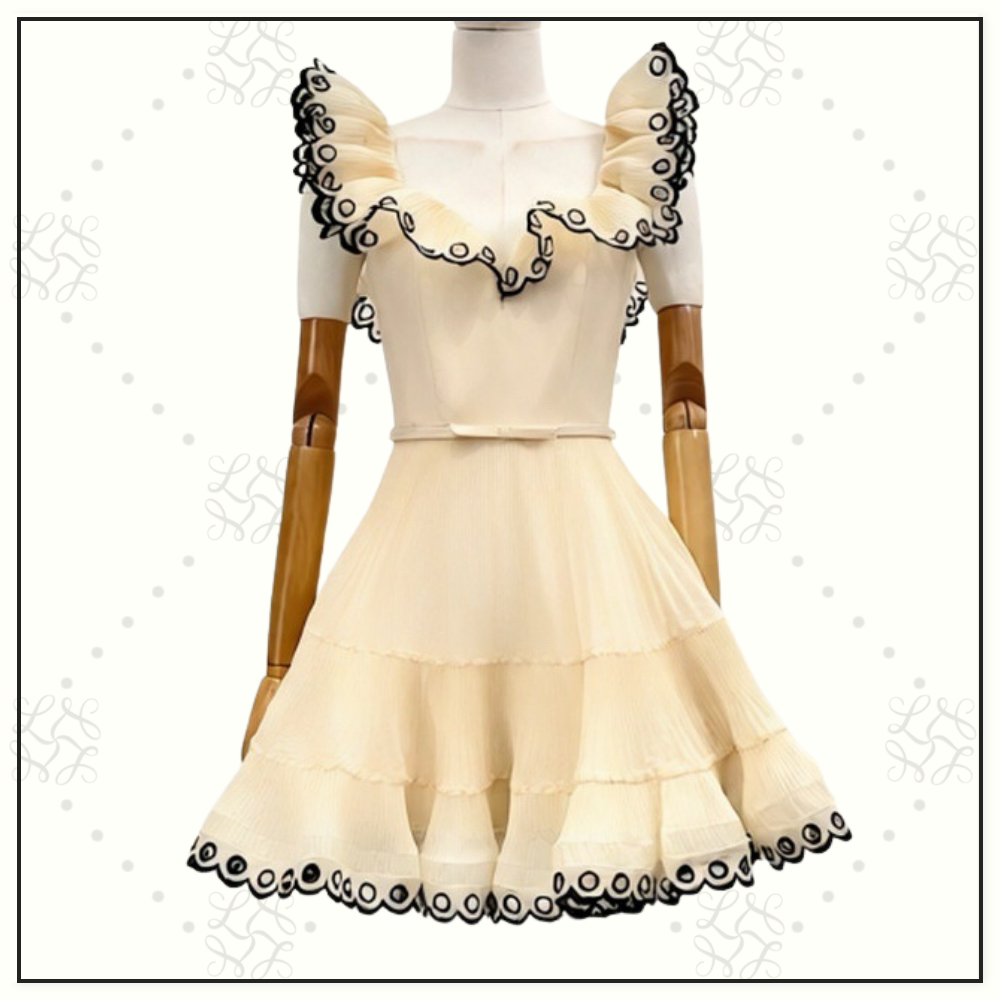 EMBROIDERED FRILLED MINI DRESS