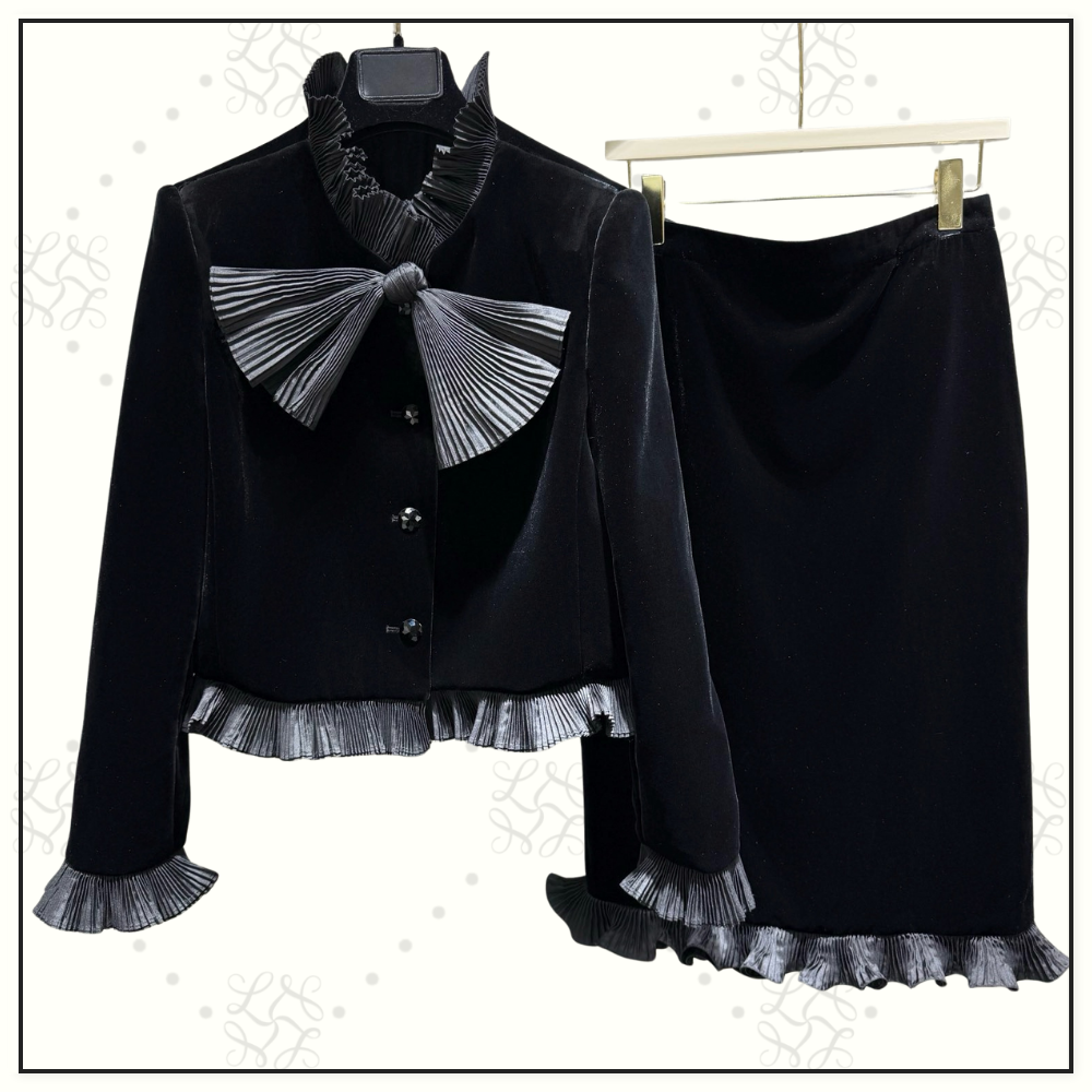 CROPPED JACKET IN SABLE VELVET & RUFFLE SKIRT