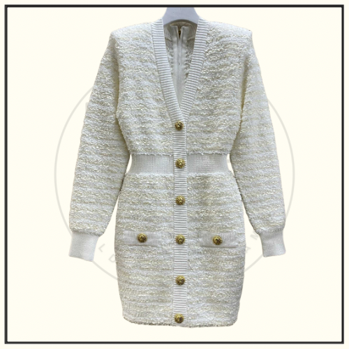 BUTTON EMBELLISHED TWEED MINI DRESS