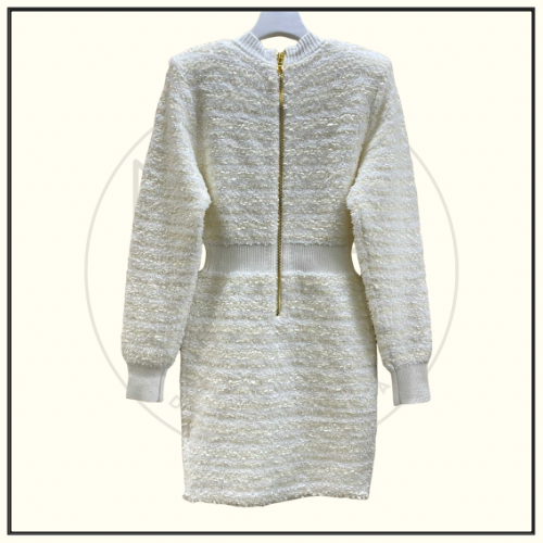 BUTTON EMBELLISHED TWEED MINI DRESS