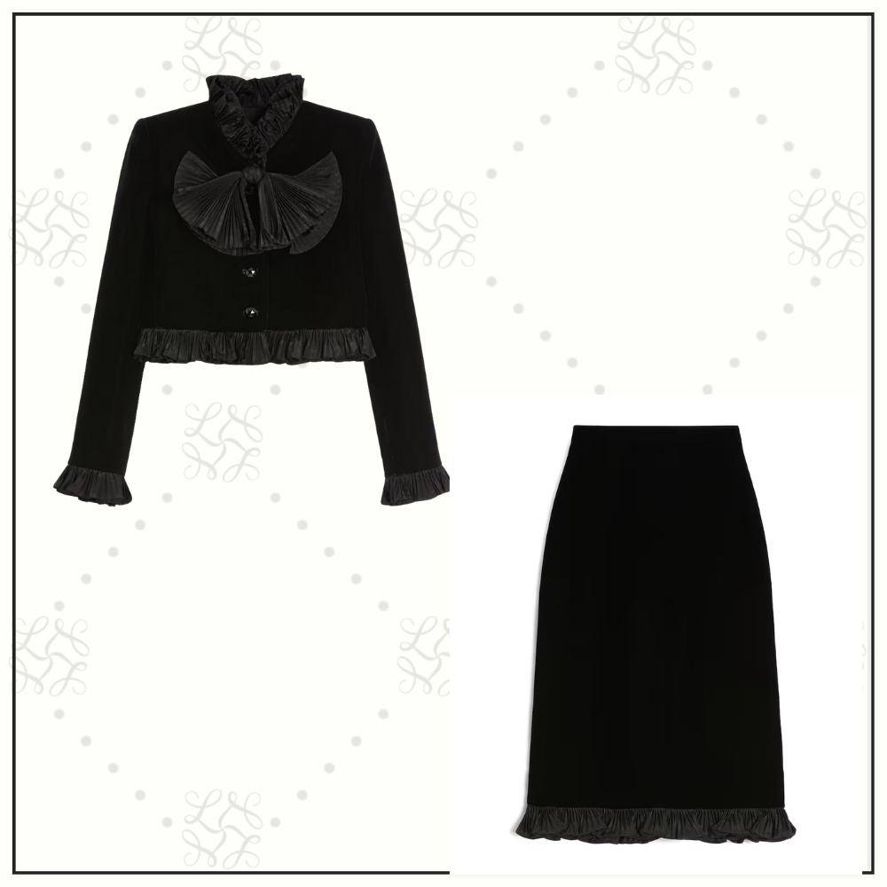 CROPPED JACKET IN SABLE VELVET & RUFFLE SKIRT