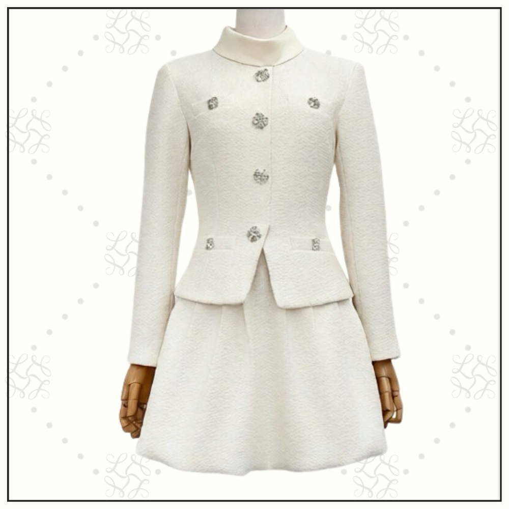 CREAM BOUCLE COLLARED MINI DRESS