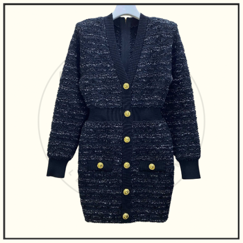 BUTTON EMBELLISHED TWEED MINI DRESS