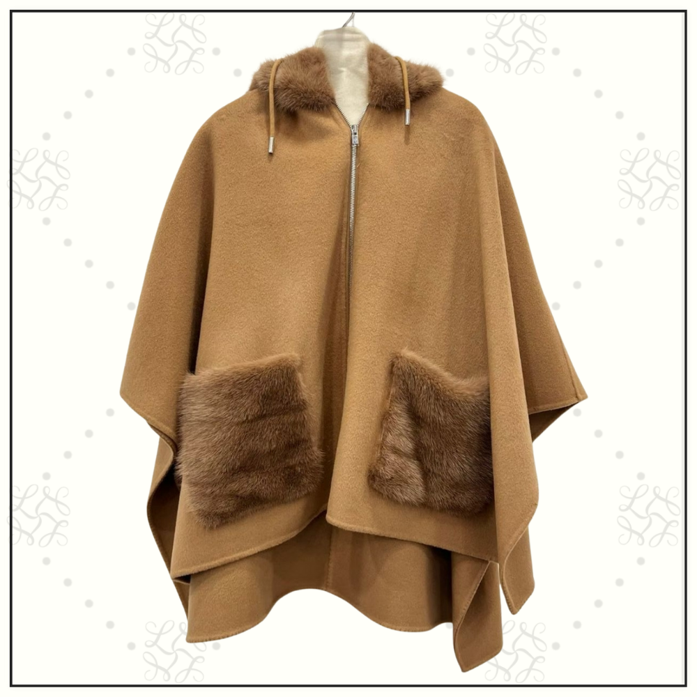 GIOVI CASHMERE CAPE WITH FUR HOODED & POCKETS