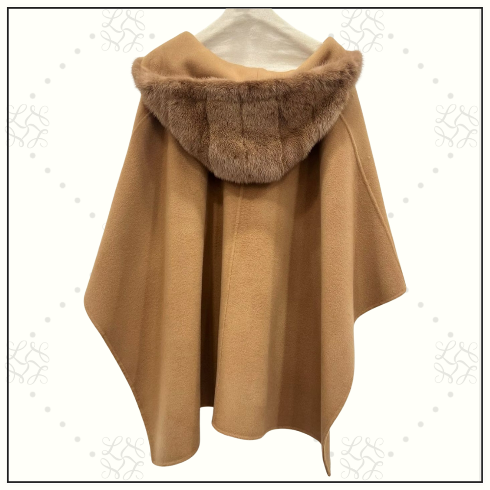 GIOVI CASHMERE CAPE WITH FUR HOODED & POCKETS