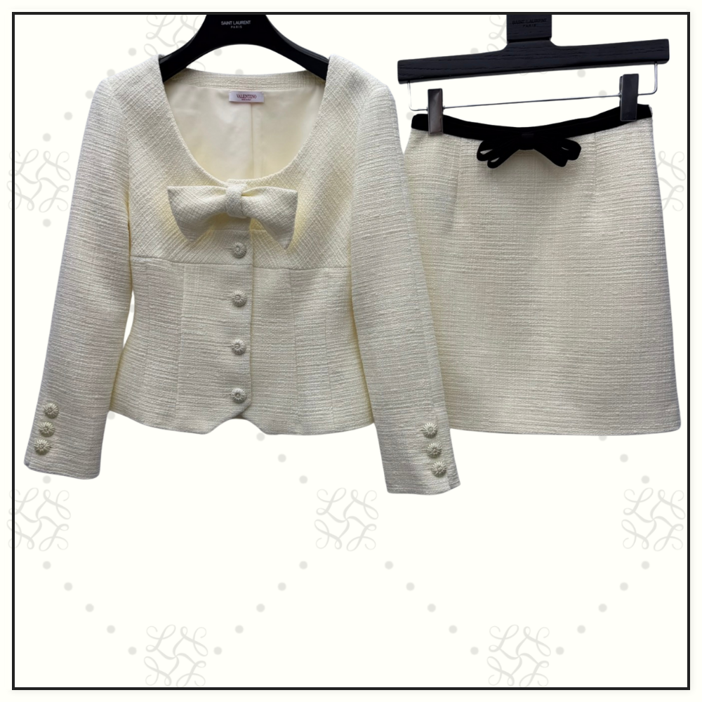 BOW DETAIL WOOL BLEND JACKET & SKIRT