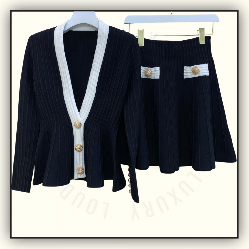 RIB KNIT PEPLUM CARDIGAN & MINI SKIRT