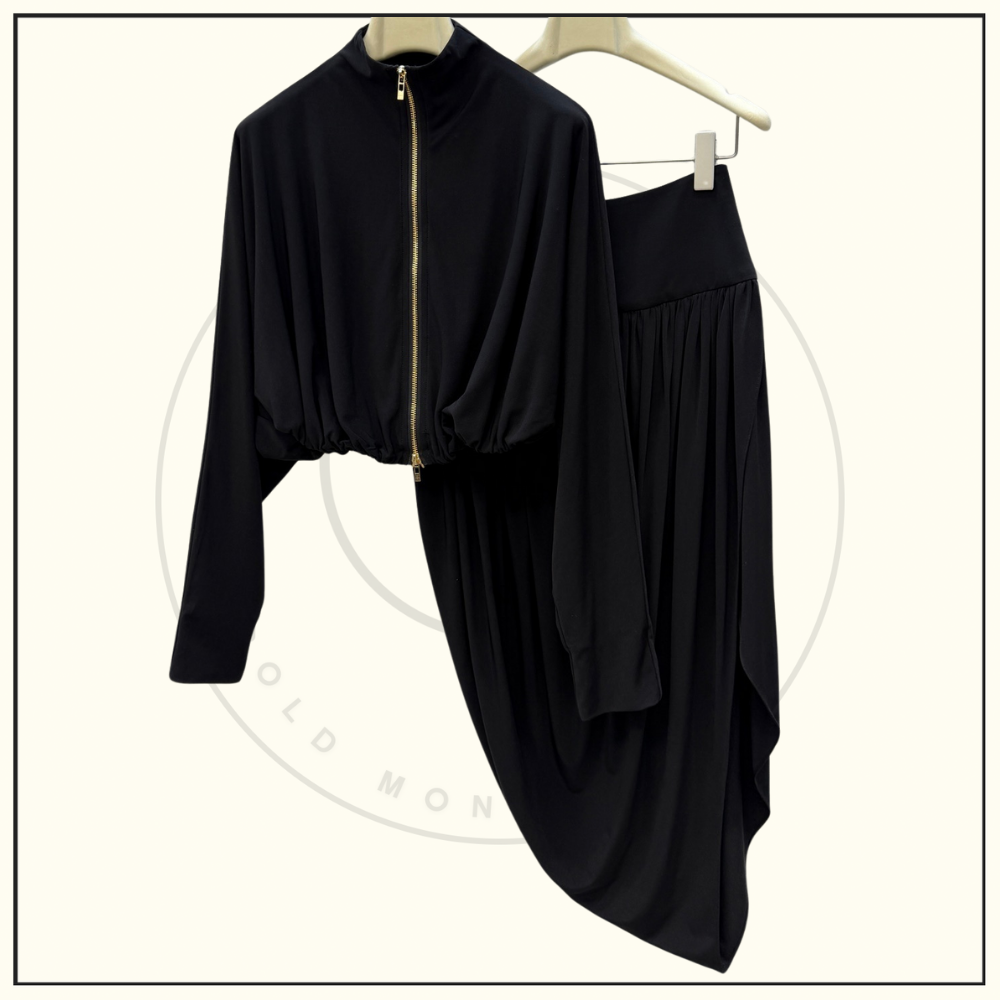 DRAPED JERSEY JACKET & TWISTED FLUID JERSEY SKIRT