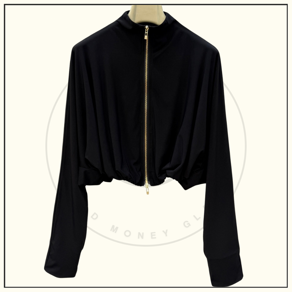 DRAPED JERSEY JACKET & TWISTED FLUID JERSEY SKIRT