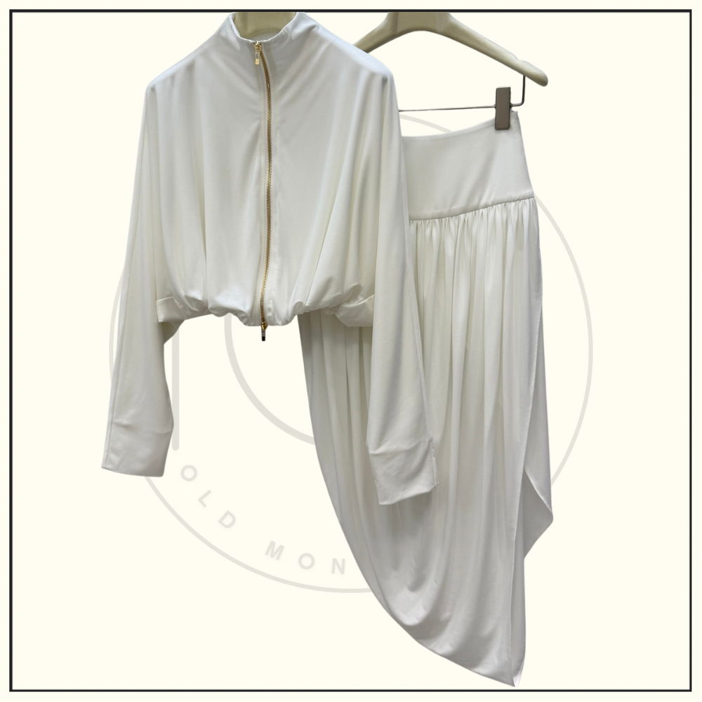 DRAPED JERSEY JACKET & TWISTED FLUID JERSEY SKIRT