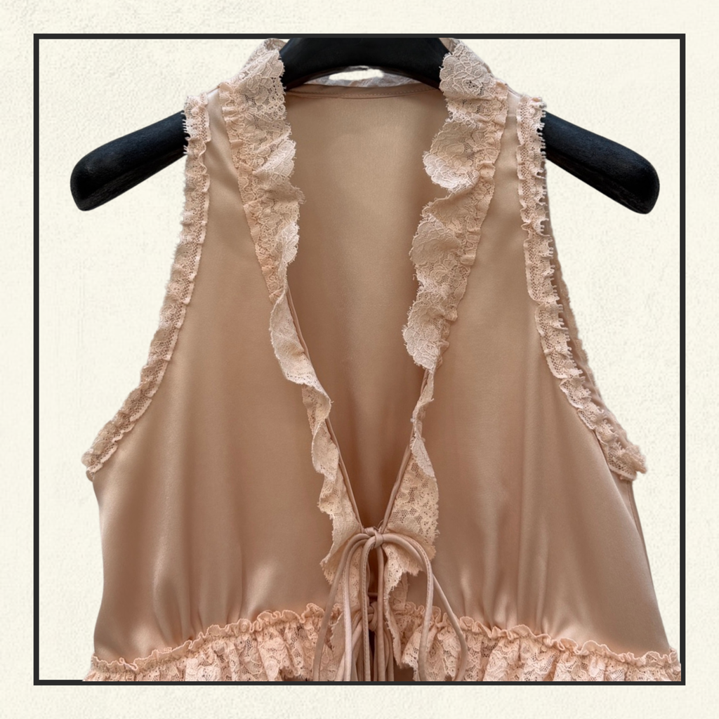TIE FRONT SLEEVELESS SILK SATIN TOP