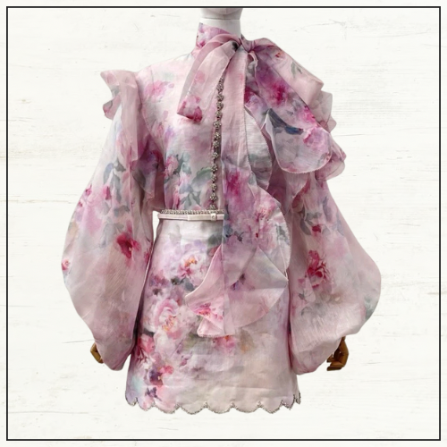 CRUSH TIE NECK BLOUSE & MINI SKIRT