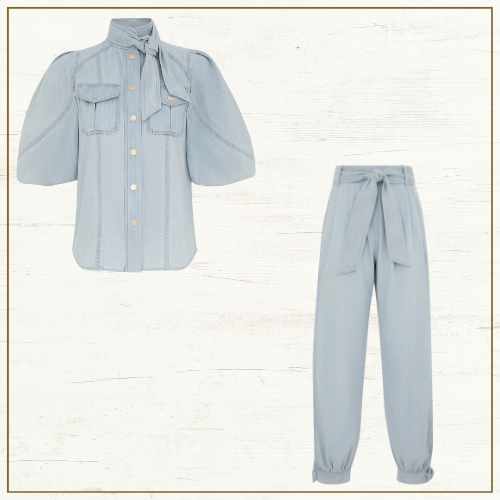 DENIM LANTERN BLOUSE & CROPPED PANTS